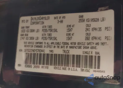 2000 Dodge Dakota Slt/Sport z USA, uszkodzony, nr VIN 1B7GG22N6YS703441